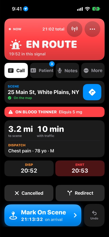 En route screen with the scene address, distance and drive time