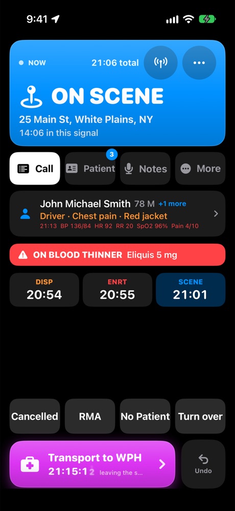 On scene screen with patient summary and call times