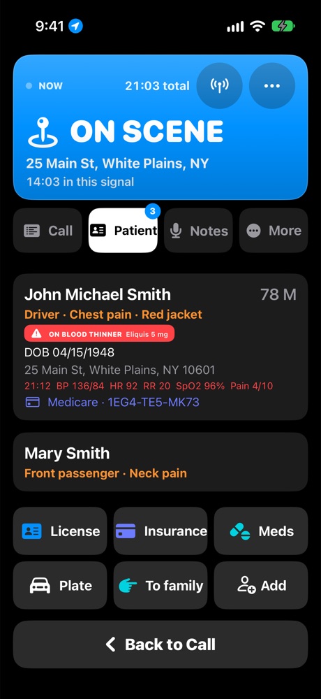 Patient page with scanned details, vitals and a blood thinner warning
