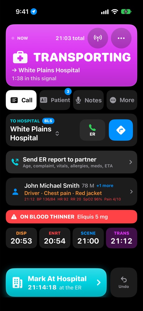 Transporting screen with the hospital, call-the-ER button and ER report