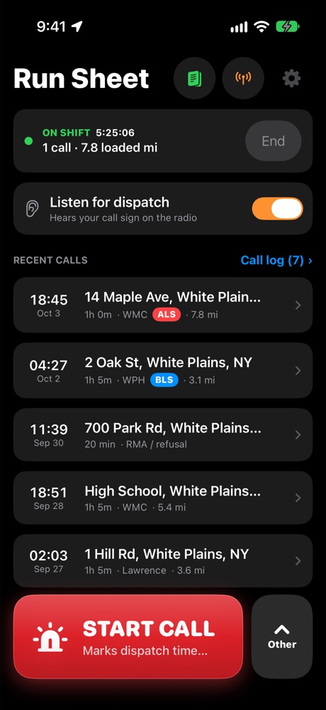 Home screen with recent calls and shift