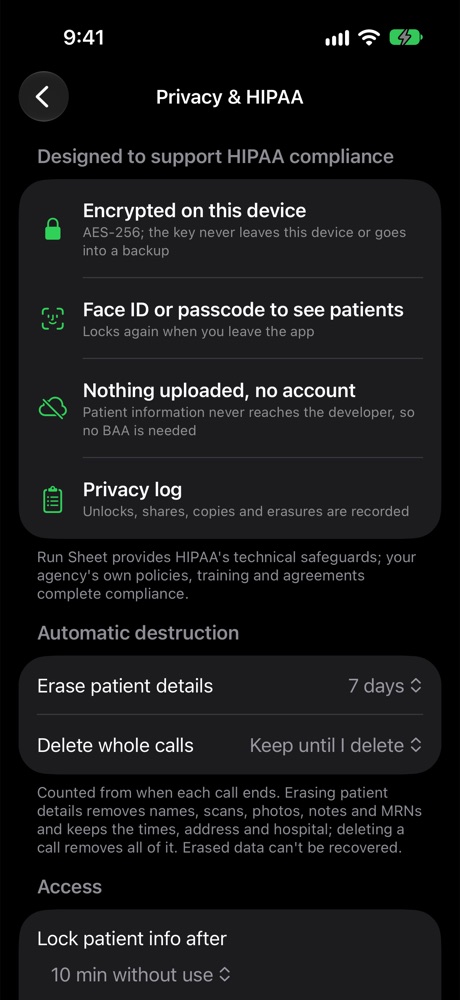 Privacy and HIPAA settings: encryption, automatic destruction, auto-lock